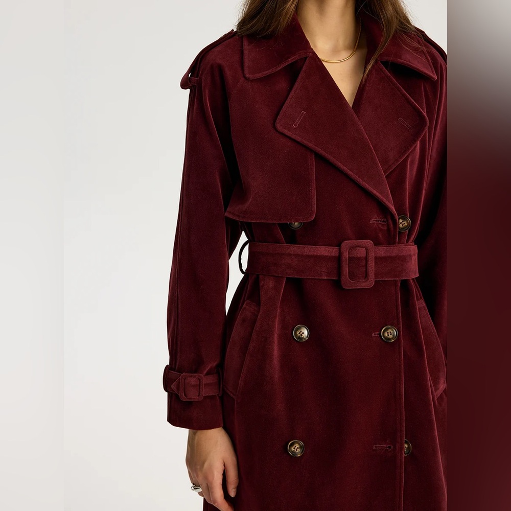 Commense Belted Double-Breasted Suede Effect Long Trench Coat - Picture 10 of 16